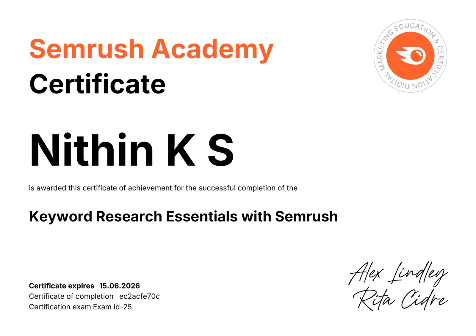 semrush certificate on keyword research essentials