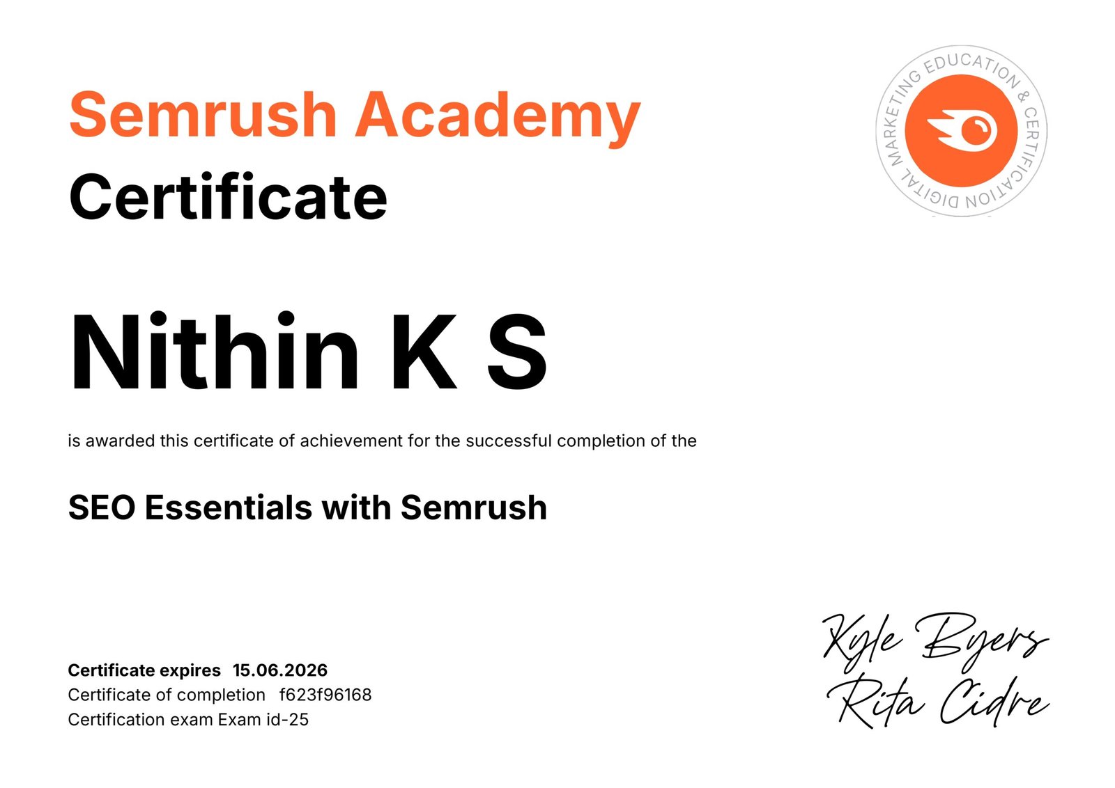 seo essentials certificate from semrush nithinks best digital marketing expert in malappuram